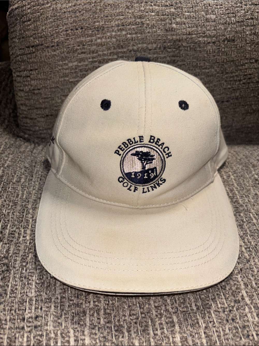 Pebble Beach Golf Links Cream Adjustable Baseball Cap with Navy Logo